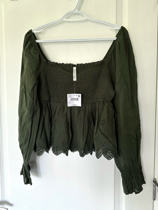 American Eagle Outfitters Tops - NWT American Eagle Olive Green Long Sleeve Eyelet Peplum Blouse Smocked Boho M